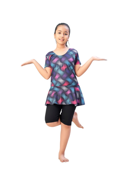 Aarika Girls Sports Wear Multi-Black Colour Abstract Print Nylon Swim Suit (5-15 Years)-(SW-SHM-CA-1120)