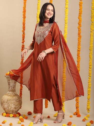 GoSriKi Women's Straight Kurta with Pants & Dupatta, Rayon Blend, Size 48, Mustard, Model GALPATIYO MUSTARD-GS