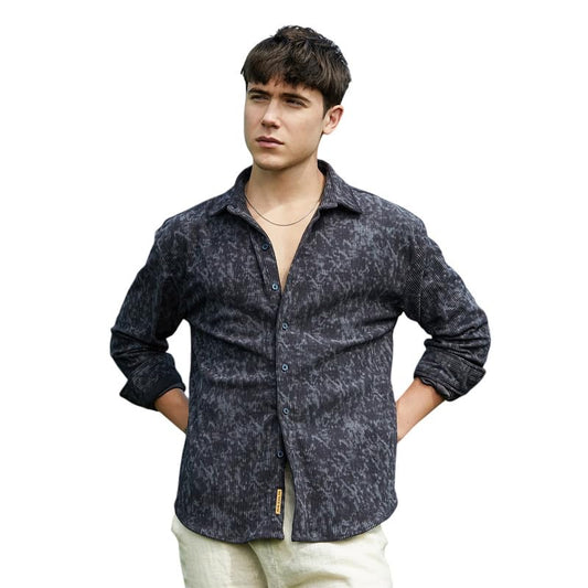 Campus Sutra Mens Prussian Blue Faded Corduroy Oversized Shirt for Casual Wear | Spread Collar | Long Cuffed Sleeves | Button C