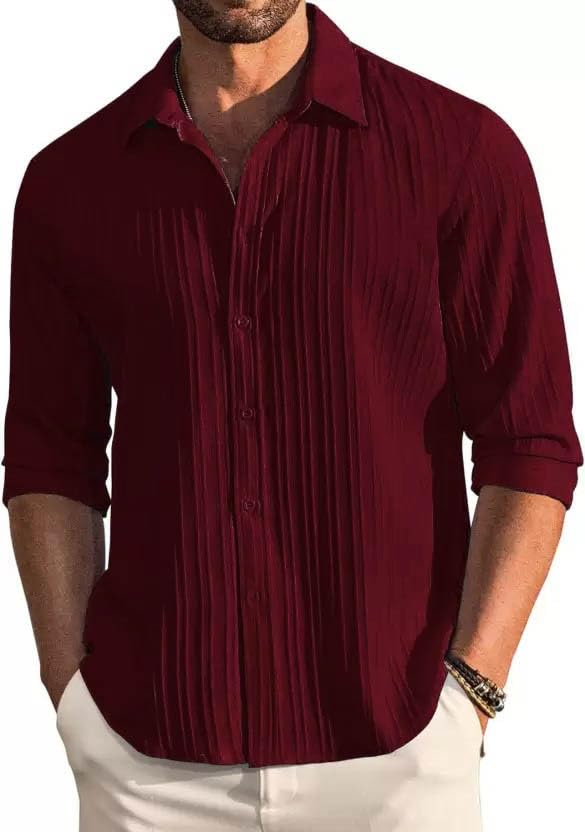 Deelmo MenS Button Down Dress Shirts Textured Long Sleeve Casual Hawaiian Beach Shirt