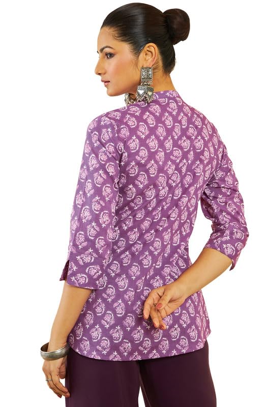 Soch Womens Purple Cotton Tunic with Floral Print and Pin Tucks