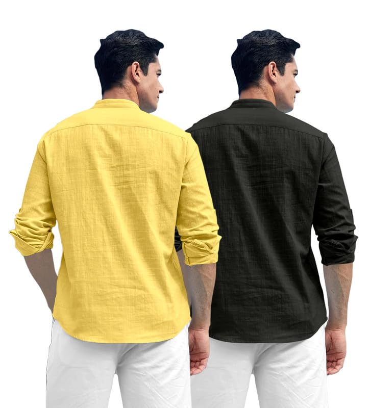 Macsivo Combo Of MenS Cotton Polyester Blend Solid Regular Fit Full Sleeve Short Kurta Pack Of 2 Yellow-Black