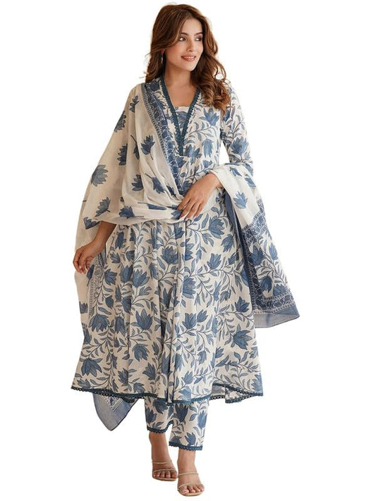 Pinkmint WomenS Cotton Blend Off White Floral Printed Kurta With Pant & Dupatta L Stylish Festival Wear (Pack Of 1)