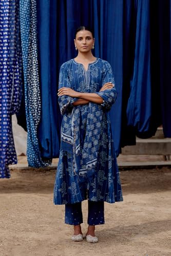 W for Woman Folksong Blue Printed Cotton A-Line Kurta