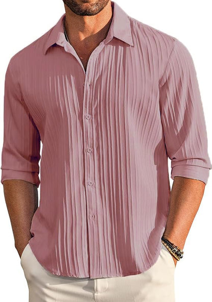 CB-COLEBROOK Mens Casual Button Down Shirts Long Sleeve Linen Shirt Fashion Textured Beach Summer Shirt (in, Alpha, M, Regular,