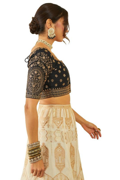 Soch Womens Black Tussar Embroidered Front-Open Blouse With Sequin Embellishments