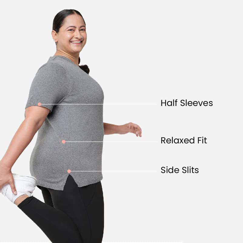 BlissClub Women at-Ease Cotton Knit Tees | 100% Cotton | CottonKnit Fabric | Loose Half-Sleeves | Western Tops | Side-Slits | Hi