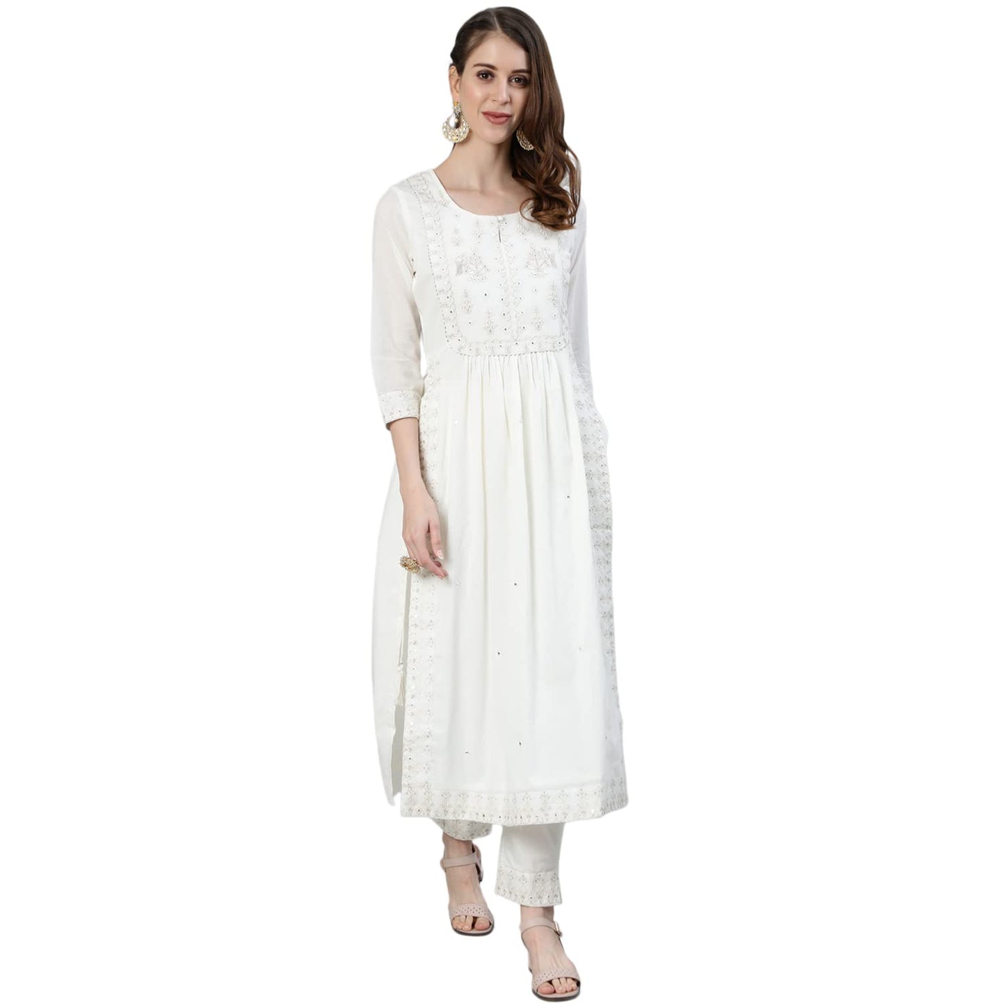 Ishin WomenS Off White Zari Embroidered High Slit Kurta Set With Trouser