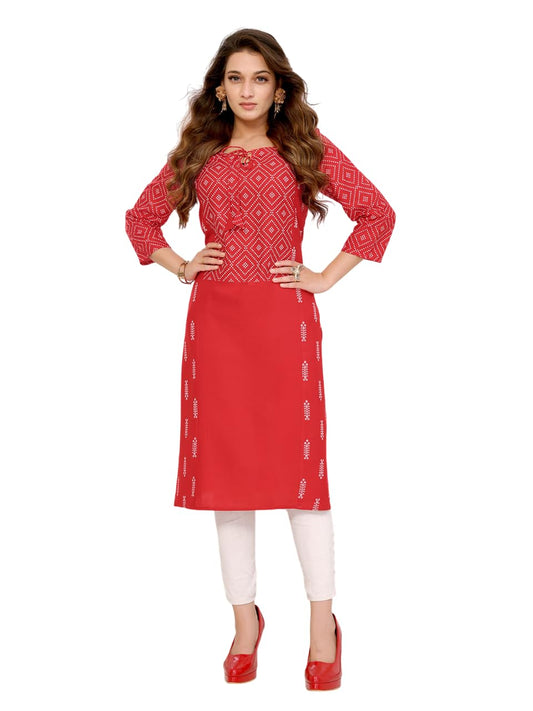rangita Red Rayon Calf Length Printed Straight Kurti | Kurta for Women