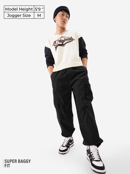 The Souled Store Solids: Dark Black Men and Boys Cotton Super Baggy Fit Cargo Joggers