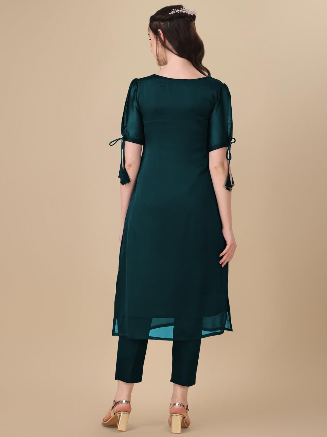 Goroly WomenS Silk Blended Solid Embroidered Pattern Straight Cut Kurta Pant With Puff Sleeve V-Neck Ankle Length And A-Line St