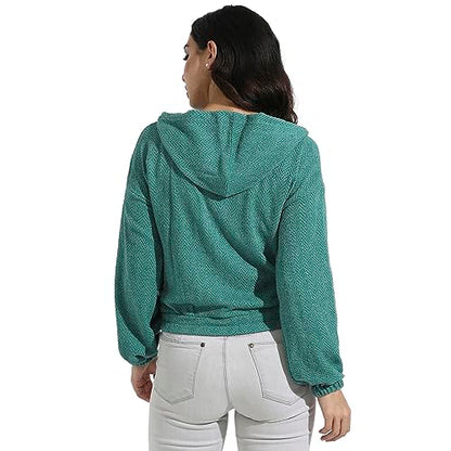 Campus Sutra Womens Cotton Teal Green Zip-Front Chevron Hoodie with Elasticated Hem for Casual Wear|Hood Neck|Long Sleeve|Zip C