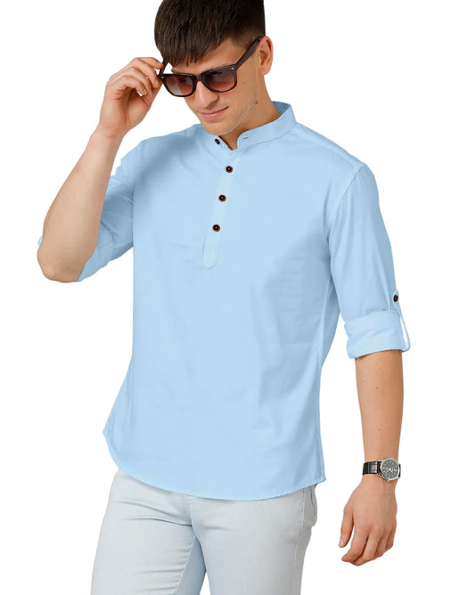 Zombom MenS Cotton Blend Solid Regular Fit Casual Mandarin/Chinese Collor Short Kurta Sky Blue
