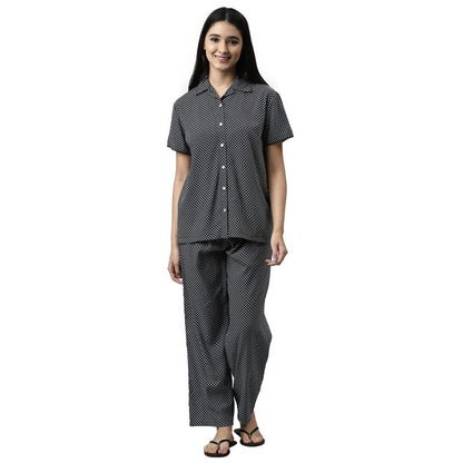 Enamor Essentials Relaxed Fit Modal Short Sleeve Printed Shirt & Mid Rise Pant Slounge Set for Womens-EC17 (EC17_Black Geo AOP_X
