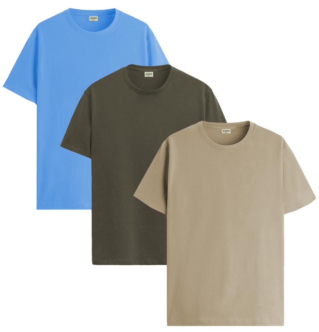 ADRO Mens Solid Regular Fit T-Shirt (RCM3-PLN-SK-OL-BE_Sky Blue,Olive,Beige