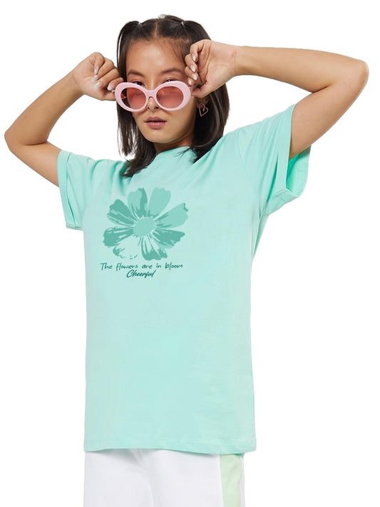 Bewakoof Womens Graphic Print Boyfriend Fit Half Sleeve Round Neck Cotton T-Shirt_1500962_Green_S