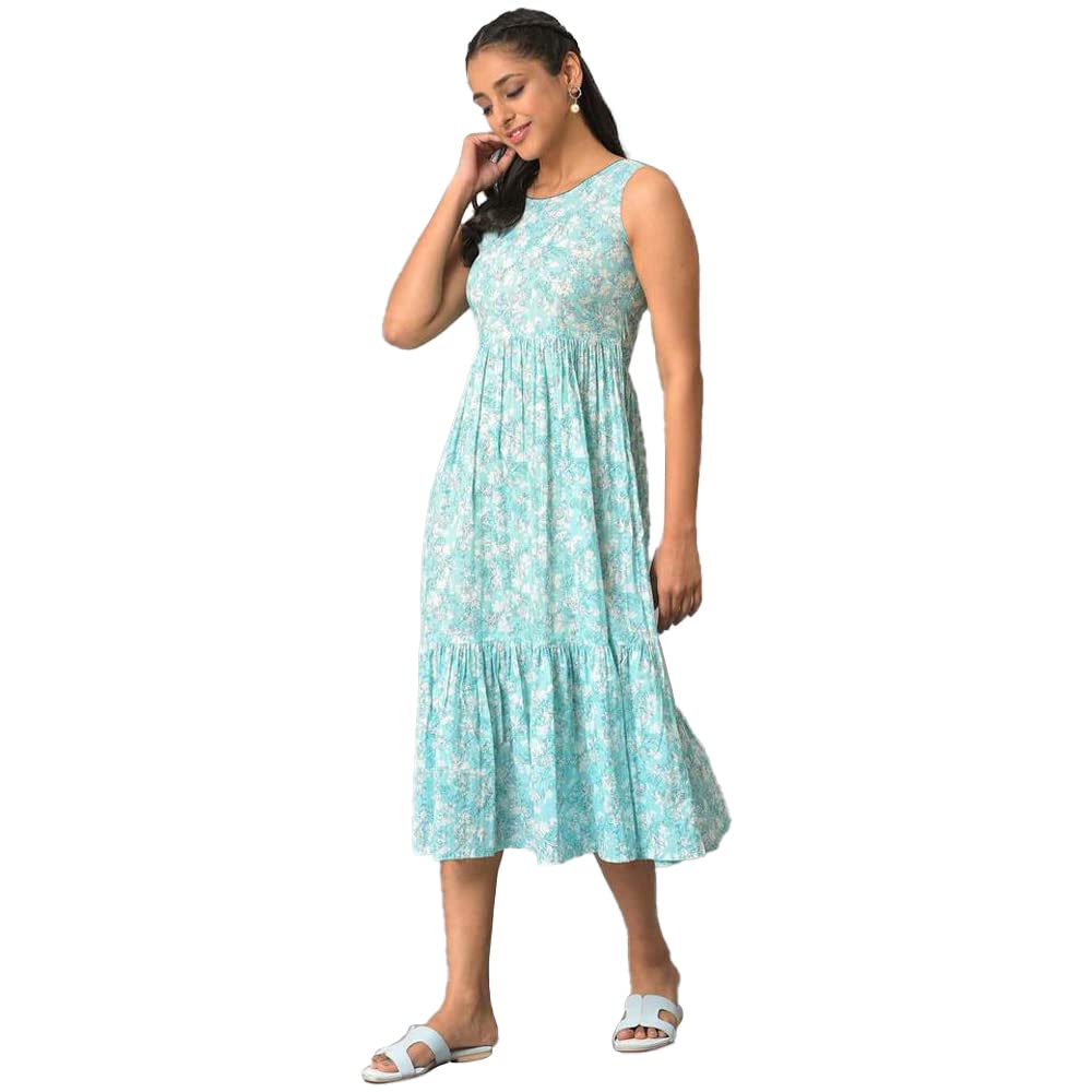 Aurelia WomenS Floral Printed Midi Blue Cotton Dress