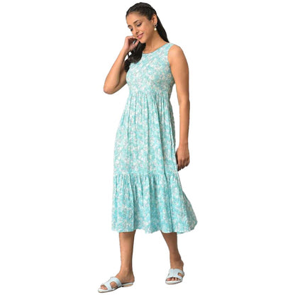 Aurelia WomenS Floral Printed Midi Blue Cotton Dress