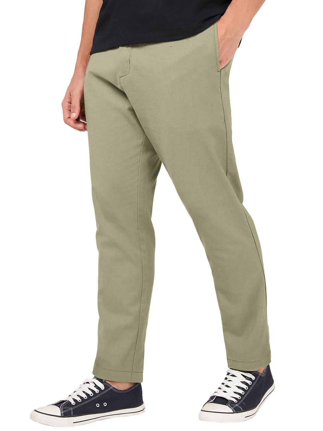 Bewakoof Mens Solid Regular Fit Cotton Linen Blend Casual Pants_684295_Green_30