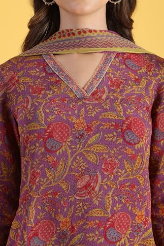 W for Woman Purple Printed Flarred A-Line Kurta & Straight Pant with Dupatta Set