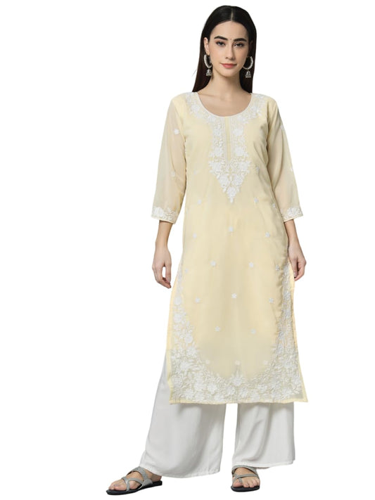 Ekasya Womens Georgette Straight Cut Round Neck Kurta with Beautiful Floral Lucknowi Work (E1542) Yellow
