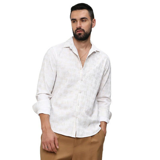 Campus Sutra Mens Ivory White Foil-Creased Shirt for Casual Wear | Spread Collar | Long Sleeves | Button Closure | Shirt Crafte