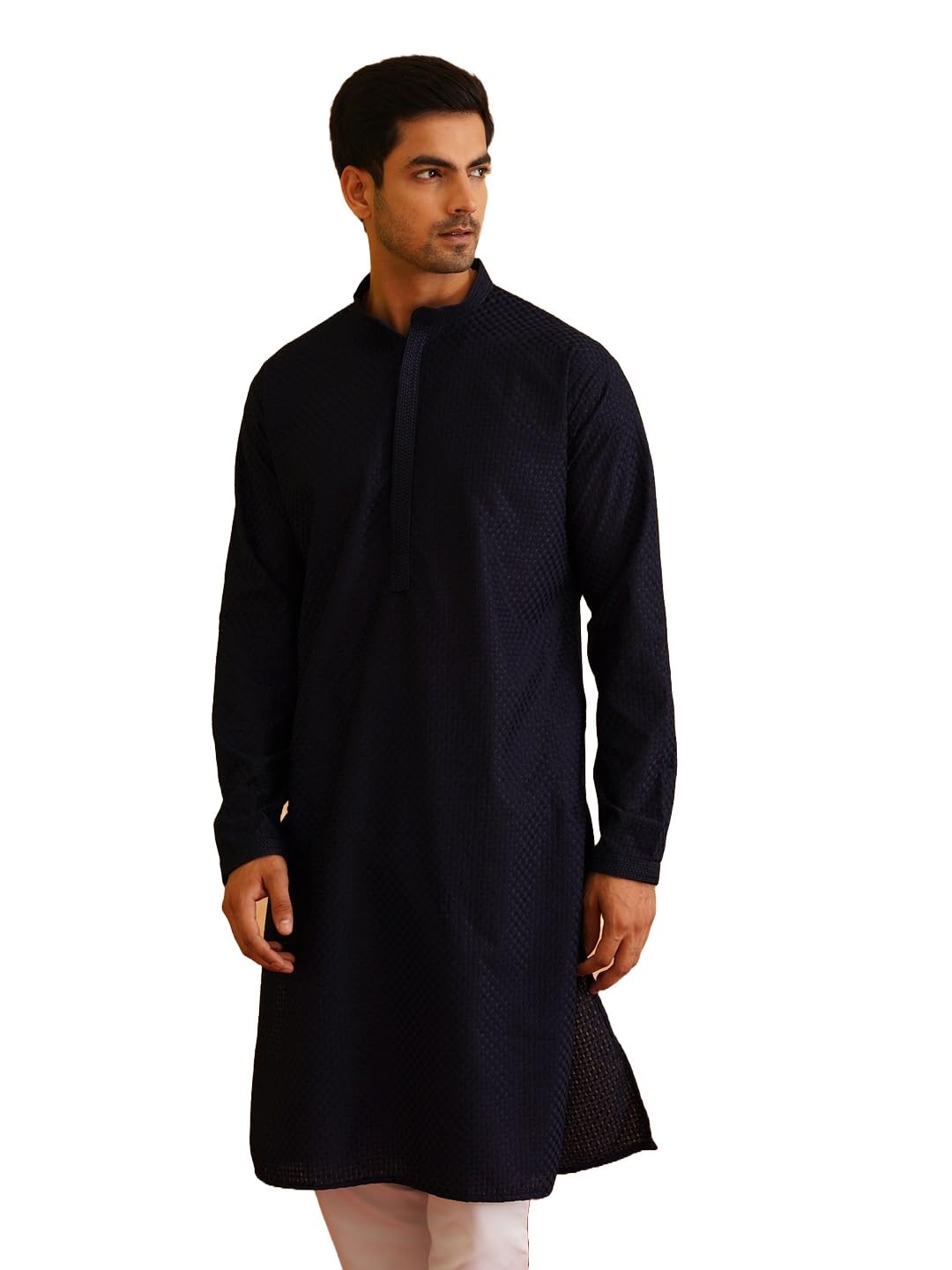 SOJANYA (Since 1958 Men's Geometric Embroidered Thread Work Cotton Blend Straight Navy Blue Long Kurta