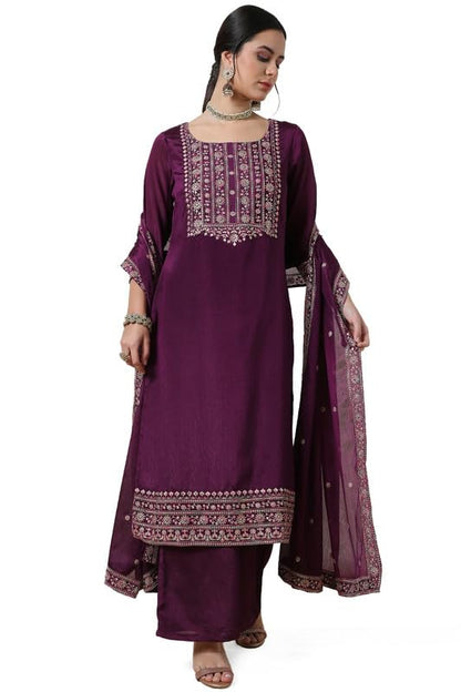 Soch Womens Wine Yoke Embroidered Chinon Blend Suit Set With Sequins