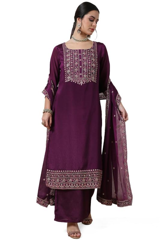 Soch Womens Wine Yoke Embroidered Chinon Blend Suit Set With Sequins