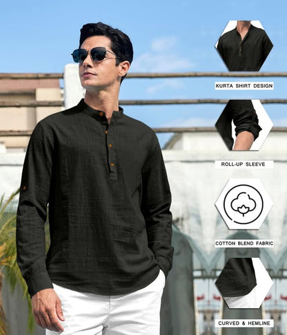 Macsivo MenS Cotton Polyster Blend Solid Short Kurta With Mandarin Collar Full Sleeve Button Closure Curved Hem Regular Fit | S