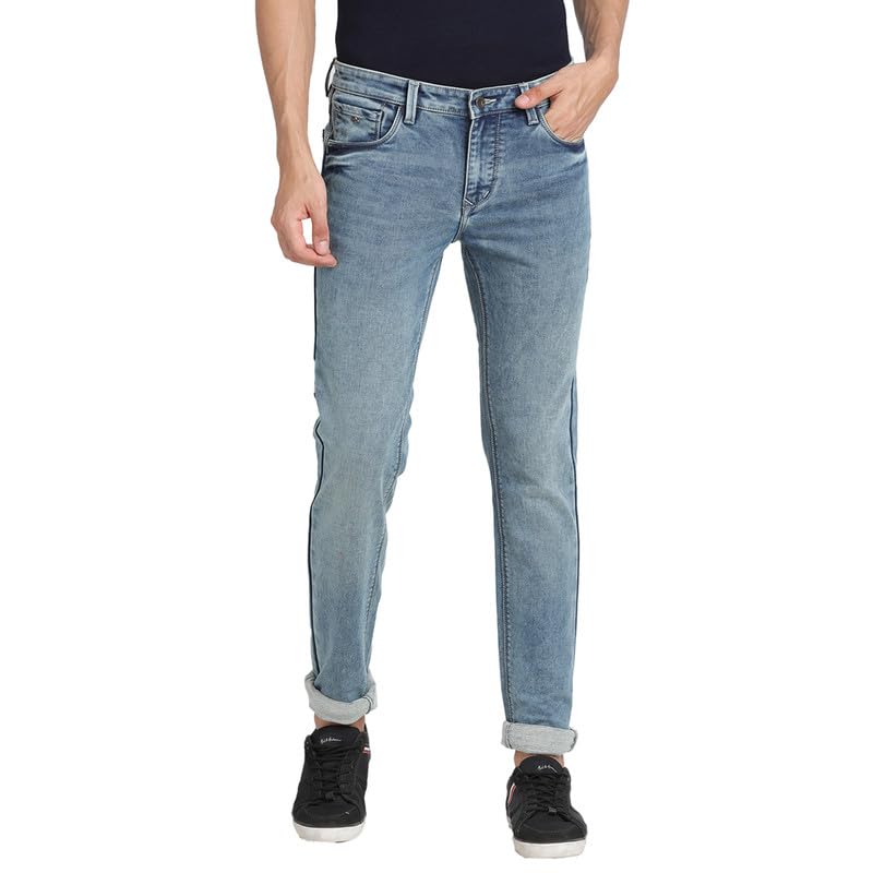 Turtle Men Cotton Stretch Sky Blue Plain Narrow Fit Flat Front Casual Jeans