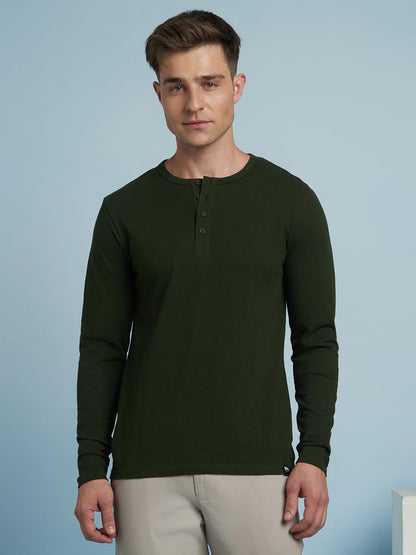 Dennis Lingo Men Solid Cotton Slub Regular Fit Full Sleeves Round Neck T Shirts Olive