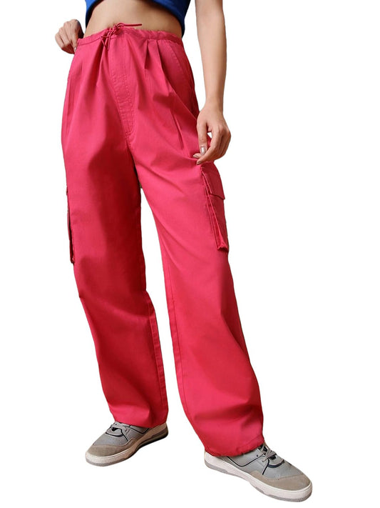 Bewakoof Womens Solid 100% Cotton Parachute Pants - Oversized Fit_589665_Pink_2XL