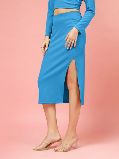 OOMPH! Ribbed Lycra Pencil Skirt with Side Slit for Women Blue - msk128