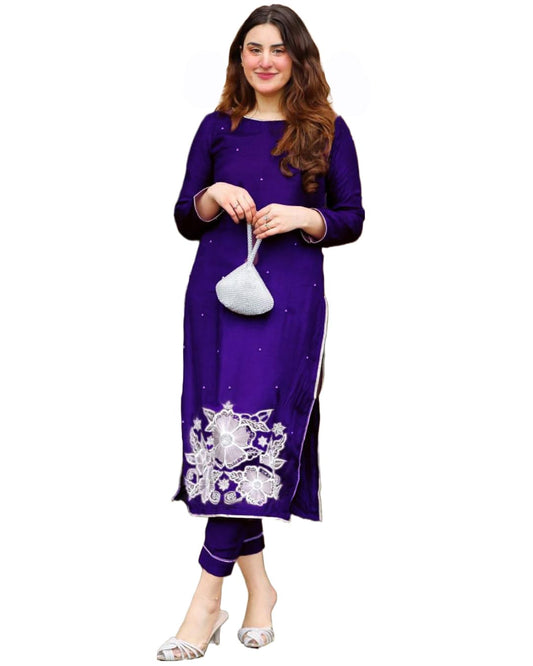 ANNI DESIGNER Womens Rayon Straight Embroidered Kurta with Pant Set (Pital-Blue-NW_XL_Blue_X-Large)