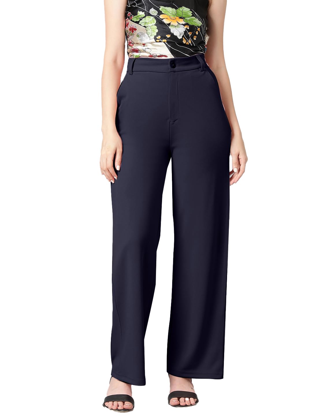 KOTTY Womens High Rise Cotton Blend Relaxed Fit Trousers Navy Blue