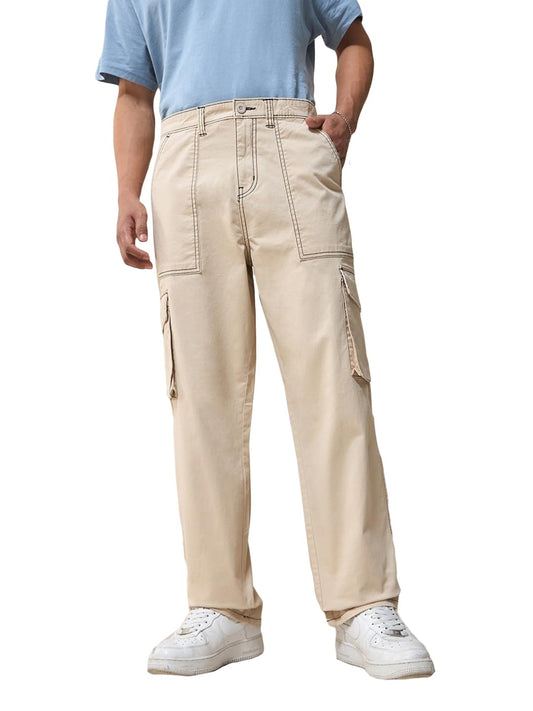 Bewakoof Mens Solid Oversized Fit Cotton Blend Cargo Mid Rise Pants_609843_Beige_28