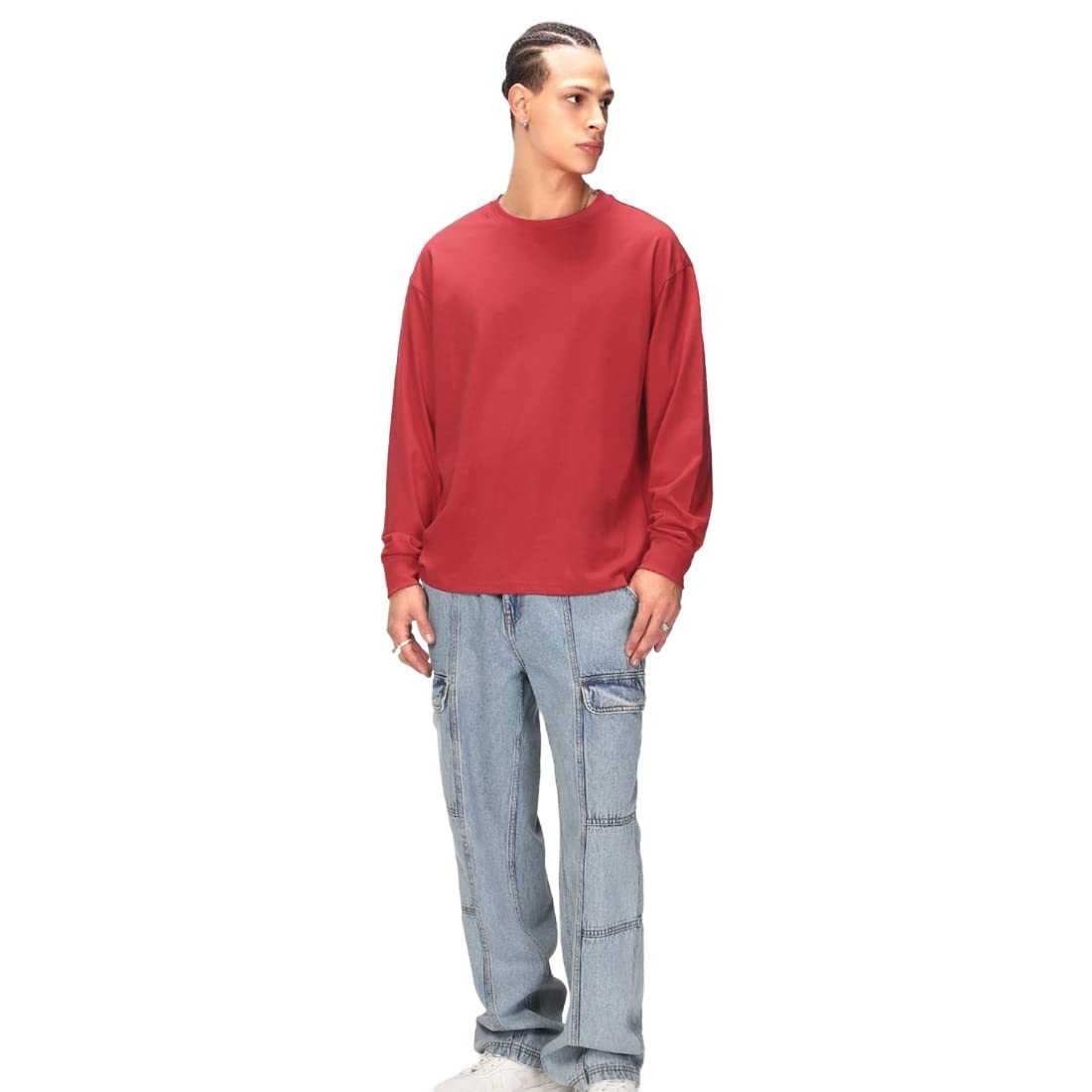 Bewakoof Mens Plain Solid 100% Cotton T-Shirt- Oversized Fit, Round Neck, Long Sleeve Red