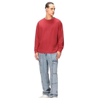 Bewakoof Mens Plain Solid 100% Cotton T-Shirt- Oversized Fit, Round Neck, Long Sleeve Red