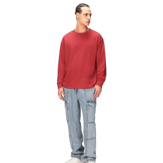 Bewakoof Mens Plain Solid 100% Cotton T-Shirt- Oversized Fit, Round Neck, Long Sleeve Red