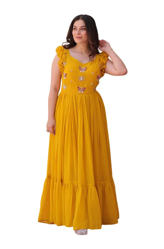 Xomantic Fashion Womens Red Color Multi Thread Embroidery Georgette Long Full Flair Gown Festival Wear Gown (in, Alpha, L, Regul