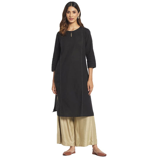 Fabindia Women Cotton Round Neck Knee Length Kurta Black
