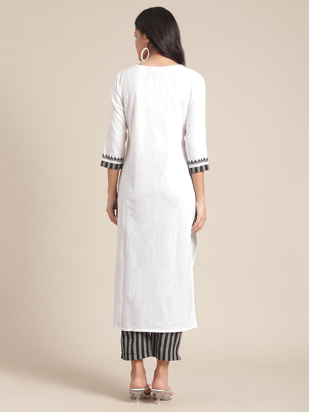 Varanga Women White And Black Floral Block Printed And Handwork Detailed Kurta Trouser Set.