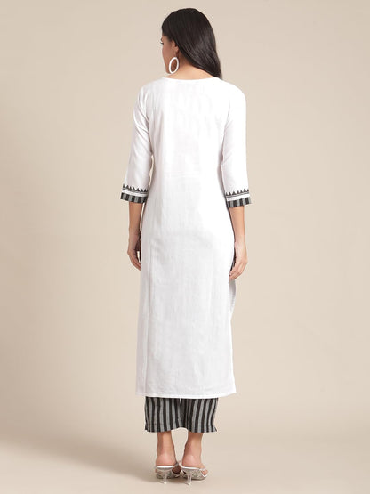 Varanga Women White And Black Floral Block Printed And Handwork Detailed Kurta Trouser Set.