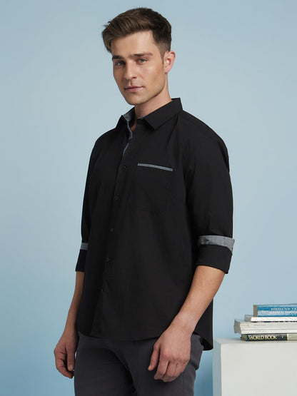 Dennis Lingo Men Solid 100% Cotton Regular Fit Full Sleeves Spread Collar Shirts Black