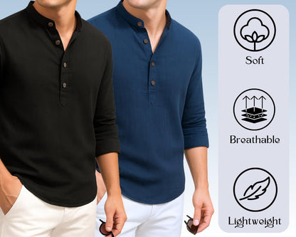 Deemoon Combo Of MenS Cotton Blend Solid Regular Fit Full Sleeve Short Kurta | MenS Trendy Short Kurta Pack Of 2 (Available In