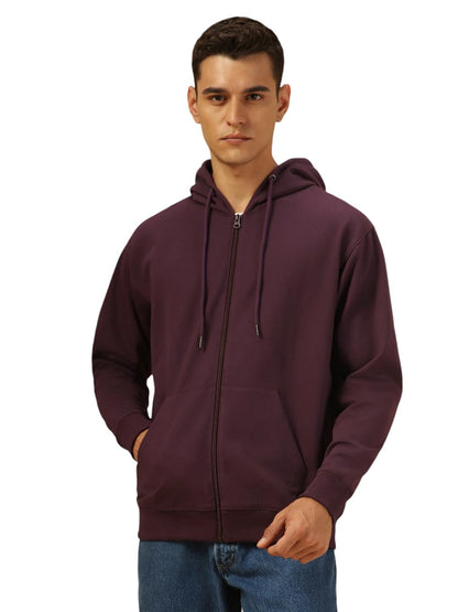 Dennis Lingo Men Regular Fit Cotton Solid Full Sleeves Hooded Front Open Sweatshirt Purple