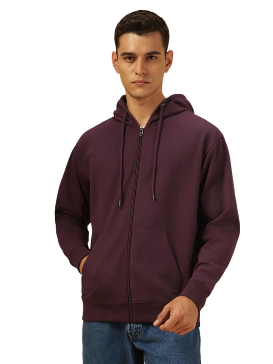 Dennis Lingo Men Regular Fit Cotton Solid Full Sleeves Hooded Front Open Sweatshirt Purple