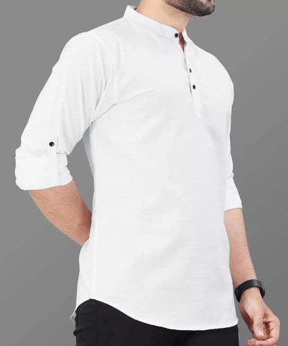 Deemoon MenS Cotton Blend Full Sleeve Short Kurta With Mandarin Collar Crafted From A Premium Cotton Blend White