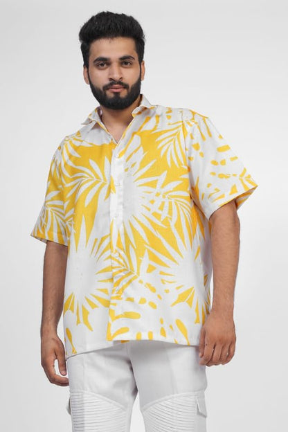 Brown Culture MenS Cotton Blend Leaf Print Shirt With Spread Collared Half Sleeves Standard Length And Button Down Closure Type